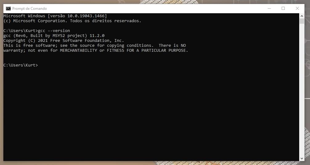 Terminal do Windows, mostrando o comando gcc --version